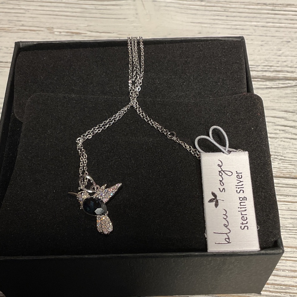 Blu Sage Silver Necklace with Black Hummingbird Pendant